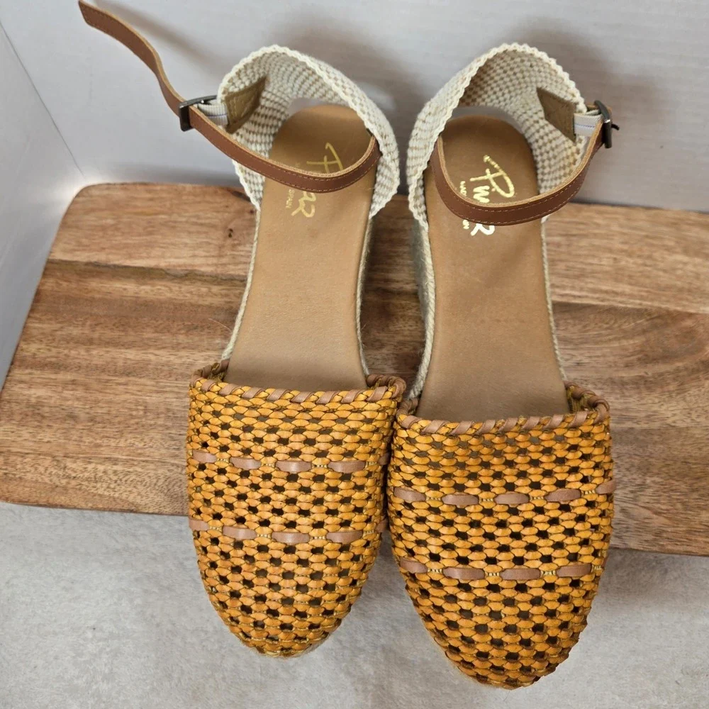 Pinaz Espadrille Wedges Women‎ EU 40 US 9 Tan Woven Leather Jute Ankle Strap...